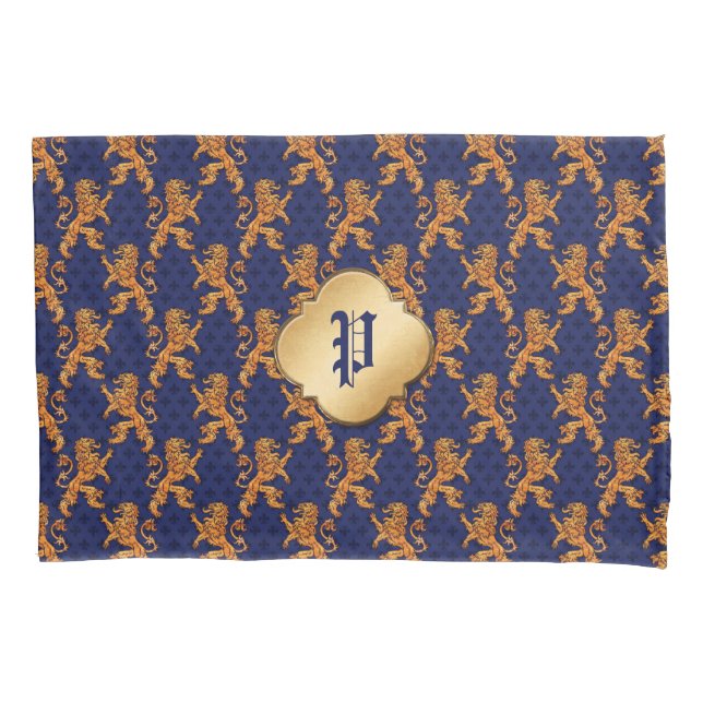 Mediaeval Gold Lion Blue Fleur de Lis Pillowcase (Front)