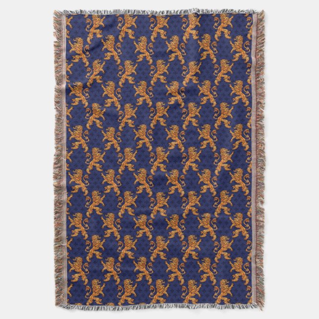 Mediaeval Gold Lion Blue Fleur de Lis Throw Blanket (Front Vertical)