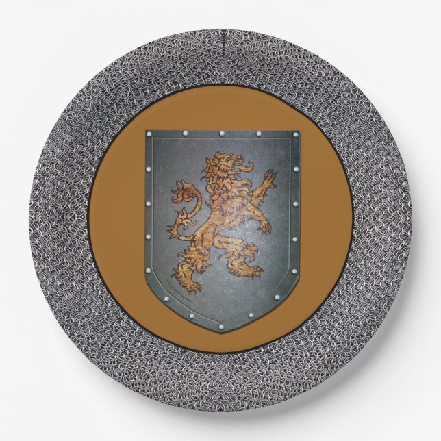 Mediaeval Gold Lion Grey Chainmail Paper Plate (Front)