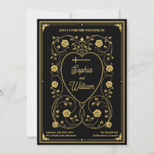 Mediaeval Gold Sword & Floral Hearts Wedding Invitation