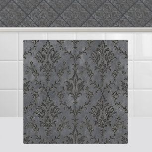 Mediaeval Gothic Damask Pewter Slate Grey Ceiling Tile