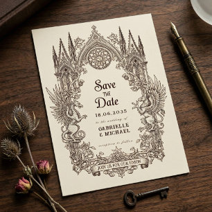 Mediaeval Gothic Dragon Griffin old paper Save The Date