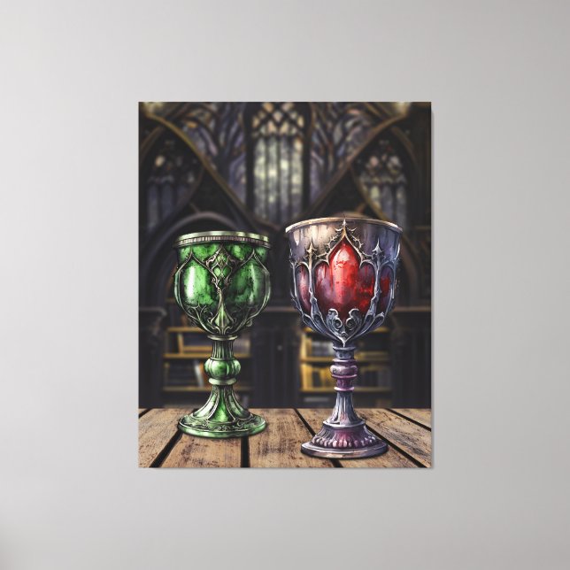 Mediaeval Gothic Green Red Goblet Castle Library Canvas Print (Front)