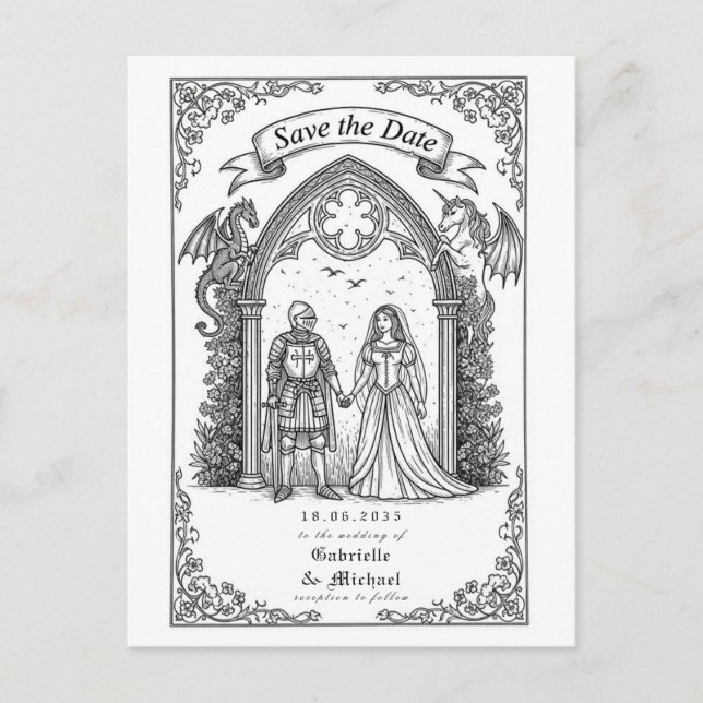Mediaeval Gothic Knight Bride Groom Save The Date Postcard (Front)