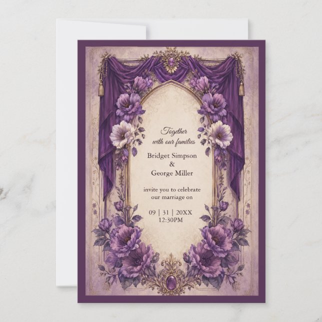 Mediaeval Gothic Purple Draped Arch Wedding Invitation (Front)