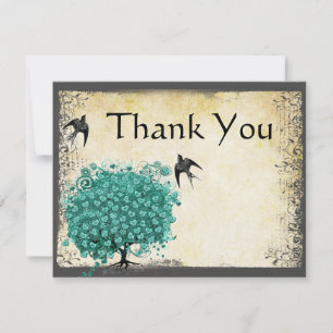 Mediaeval Green Heart Leaf Tree Love Bird  Thank You Card