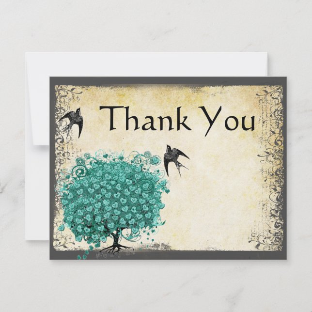 Mediaeval Green Heart Leaf Tree Love Bird  Thank You Card (Front)