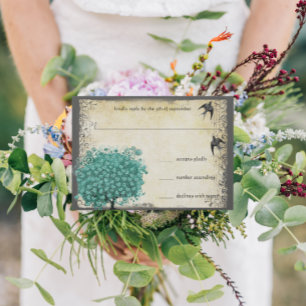 Mediaeval Green Heart Leaf Tree Love Bird Wedding RSVP Card