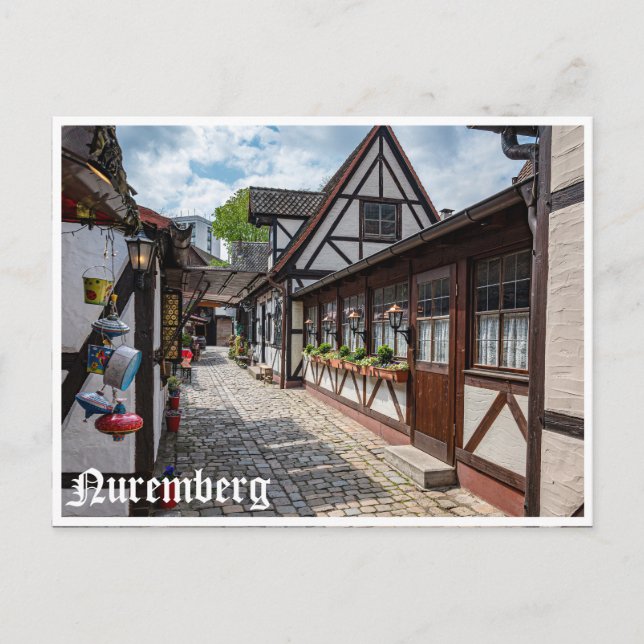 Mediaeval half-timbered shops in Nuremberg, German Postcard (Front)