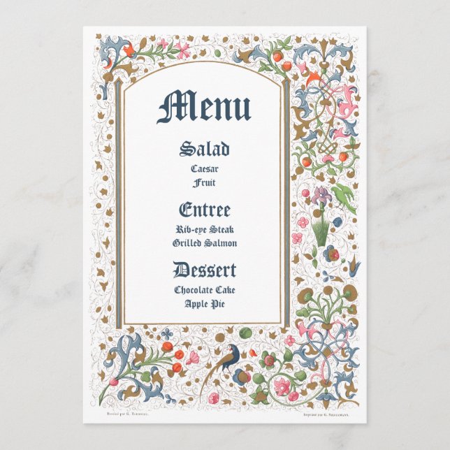 Mediaeval Illuminated Birds & Flowers Wedding Menu (Front)