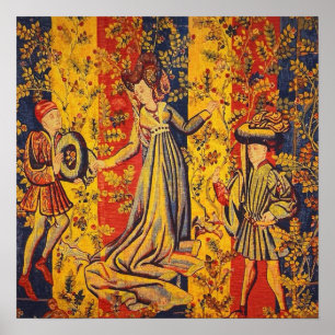 Mediaeval Italian Red Blue Yellow Chinoiserie  Poster