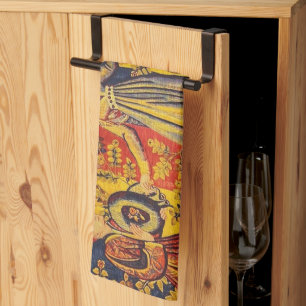 Mediaeval Italian Red Blue Yellow Chinoiserie Tea Towel