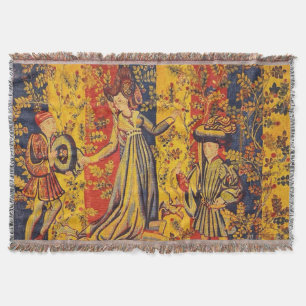 Mediaeval Italian Red Blue Yellow Chinoiserie  Throw Blanket