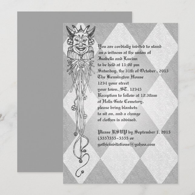 Mediaeval Jester Diamonds Goth Wedding Invitation (Front/Back)