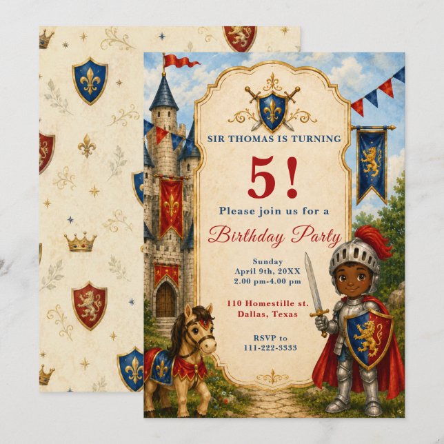 Mediaeval Knight 5th Birthday Party Invitation (Front/Back)