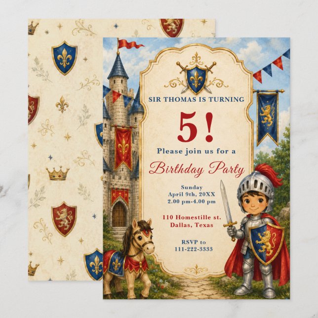 Mediaeval Knight 5th Birthday Party Invitation (Front/Back)