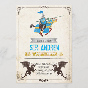 Mediaeval knight and dragon birthday party invitation
