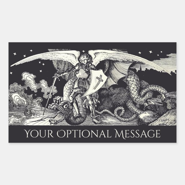 Mediaeval Knight and Dragon Black and White Rectangular Sticker (Front)
