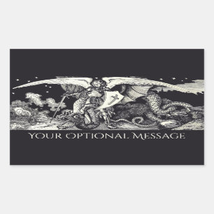 Mediaeval Knight and Dragon Black and White Rectangular Sticker