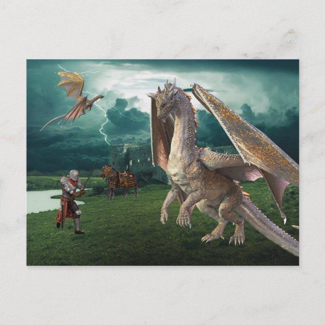 Mediaeval Knight Bronze Dragon Fantasy Battle Postcard (Front)