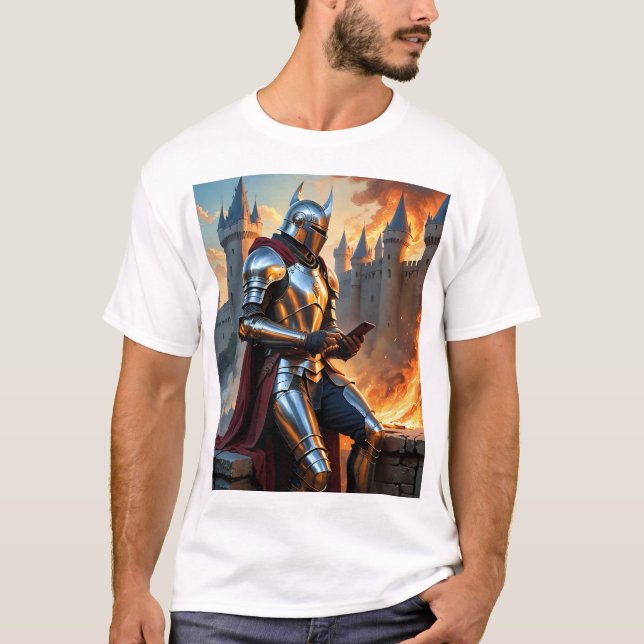 Mediaeval Knight Castle Fire Funny Fantasy Art Tee (Front)