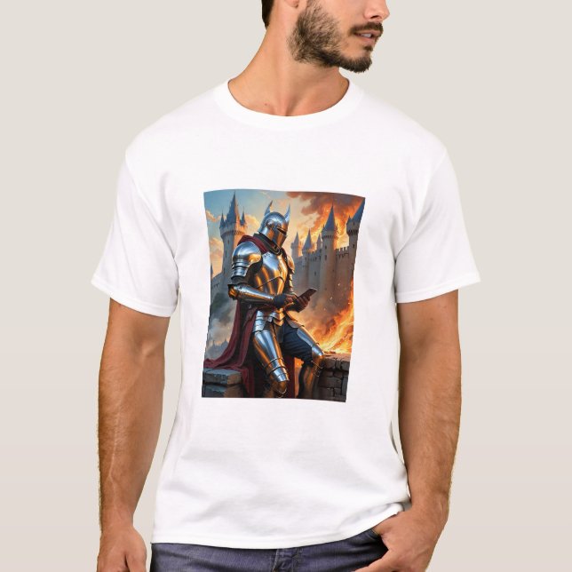 Mediaeval Knight Castle Fire Funny Fantasy Art Tee (Front)