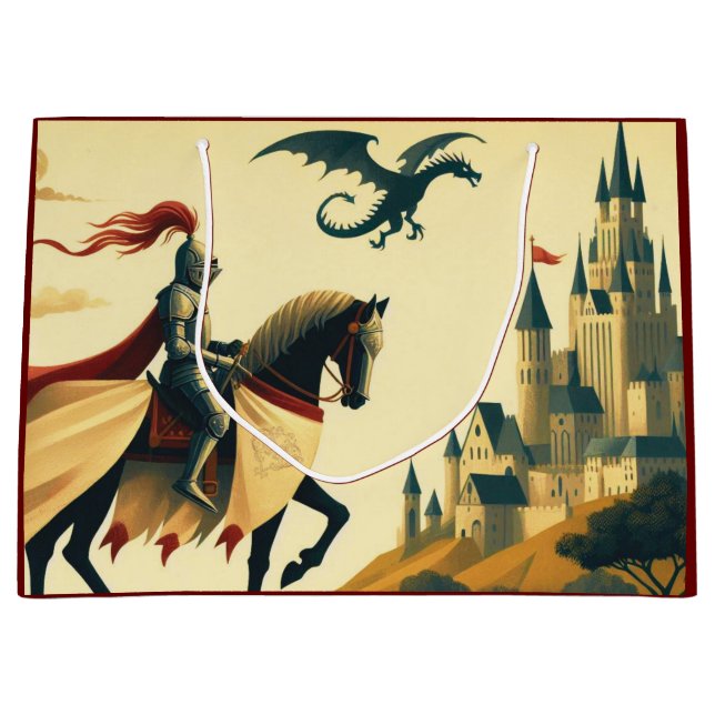 Mediaeval Knight/dragon/castle fantsy Large Gift Bag (Front)