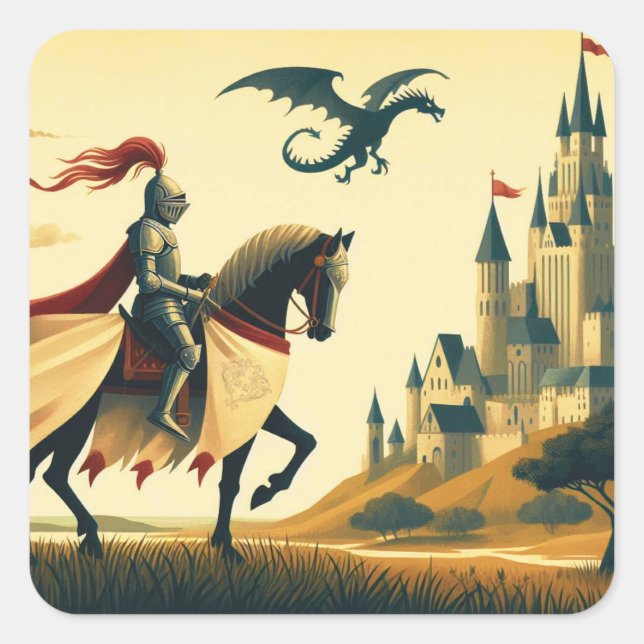 Mediaeval Knight/dragon/castle fantsy Square Sticker (Front)