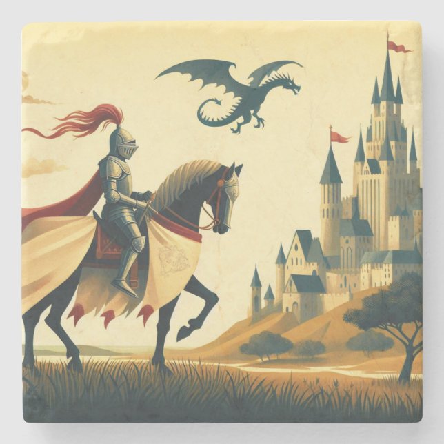 Mediaeval Knight/dragon/castle fantsy Stone Coaster (Front)