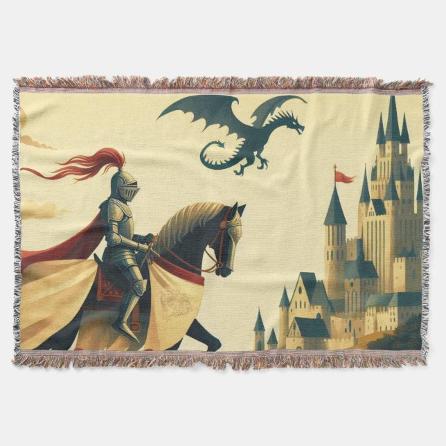 Mediaeval Knight/dragon/castle fantsy Throw Blanket (Front)