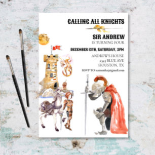 Mediaeval Knight Dragon Castle Watercolor Birthday Invitation