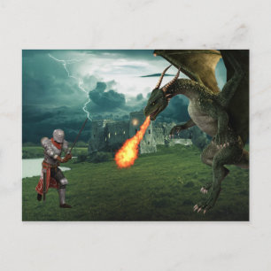 Mediaeval Knight Fire Breathing Dragon Battle Postcard