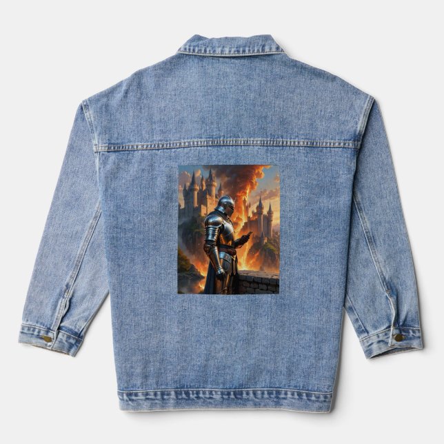 Mediaeval Knight Funny Castle Fire Fantasy Art Tee Denim Jacket (Back)