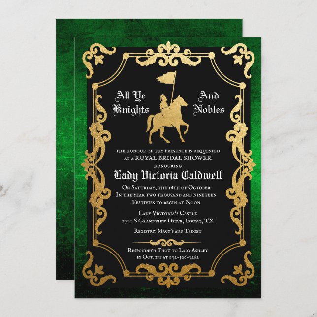Mediaeval Knight Jousting Bridal Shower Invitation (Front/Back)