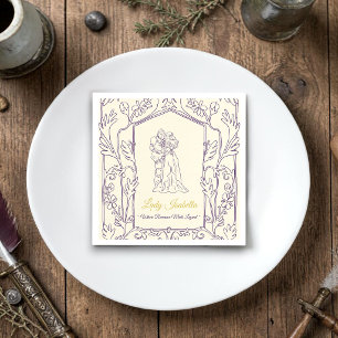 Mediaeval Knight & Lady Floral Vintage Line Art Napkin