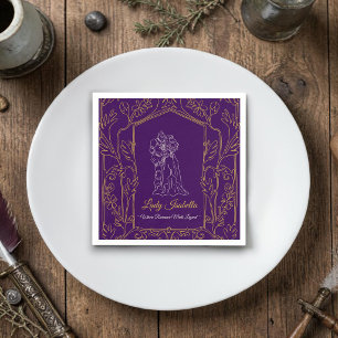 Mediaeval Knight & Lady Romance Purple Gold Border Napkin