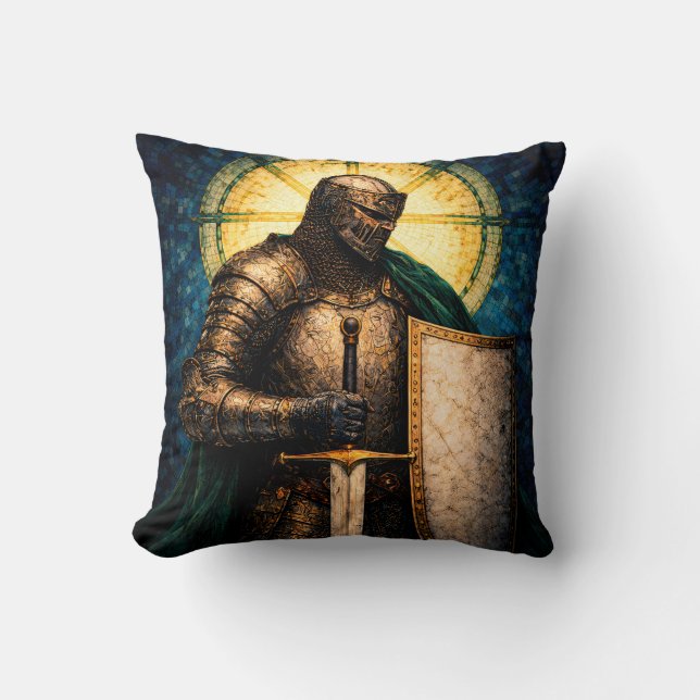 Mediaeval Knight Stained Glass Art Throw Pillow (Front)