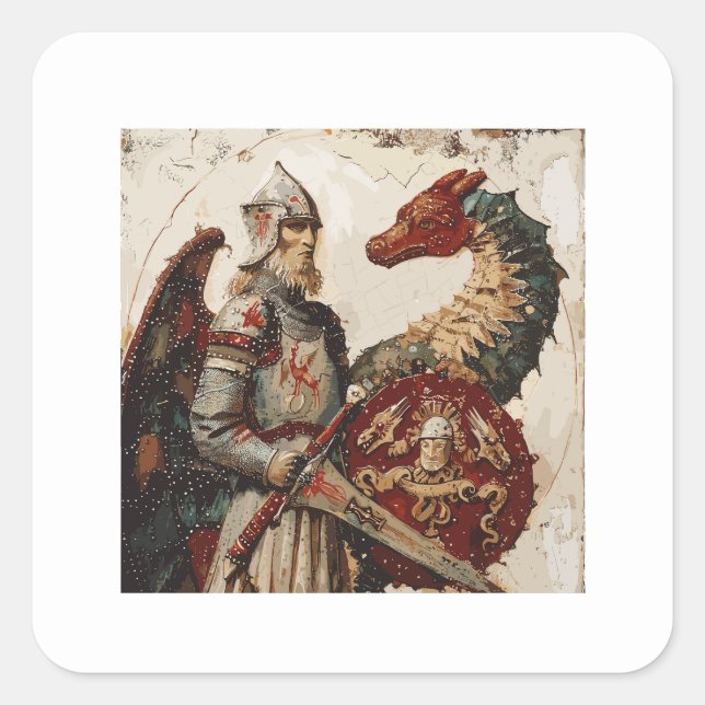 Mediaeval Knight with a Dragon Square Sticker (Front)