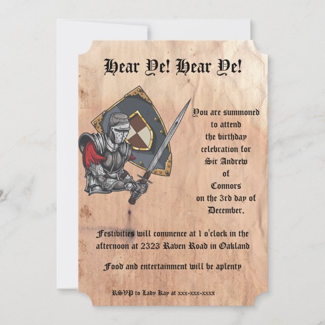 Mediaeval Knight With Sword and Shield Birthday Invitation (Front)