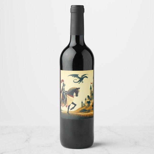 Mediaeval Knight & wyvern castle fantasy  Wine Label (Front)