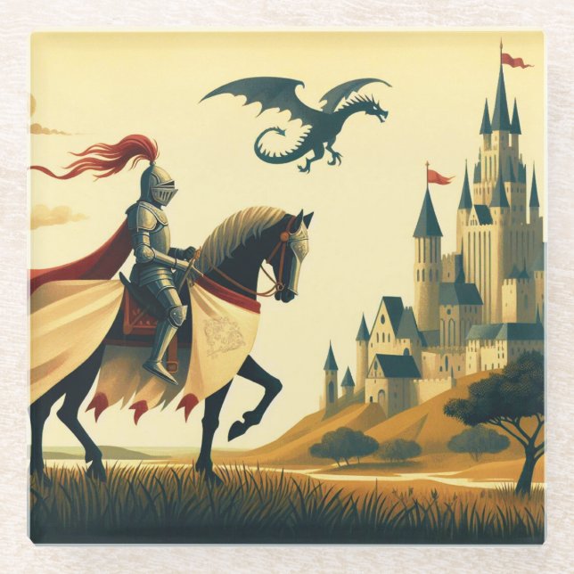 Mediaeval Knight/wyvern/castle fantsy Glass Coaster (Front)