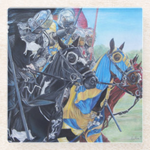 mediaeval knights jousting on horses historic art glass coaster