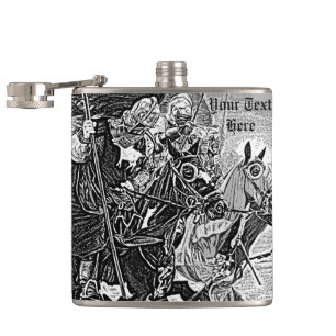 mediaeval knights jousting on horses historic art hip flask