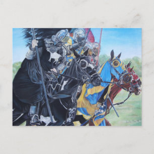 mediaeval knights jousting on horses historic art postcard