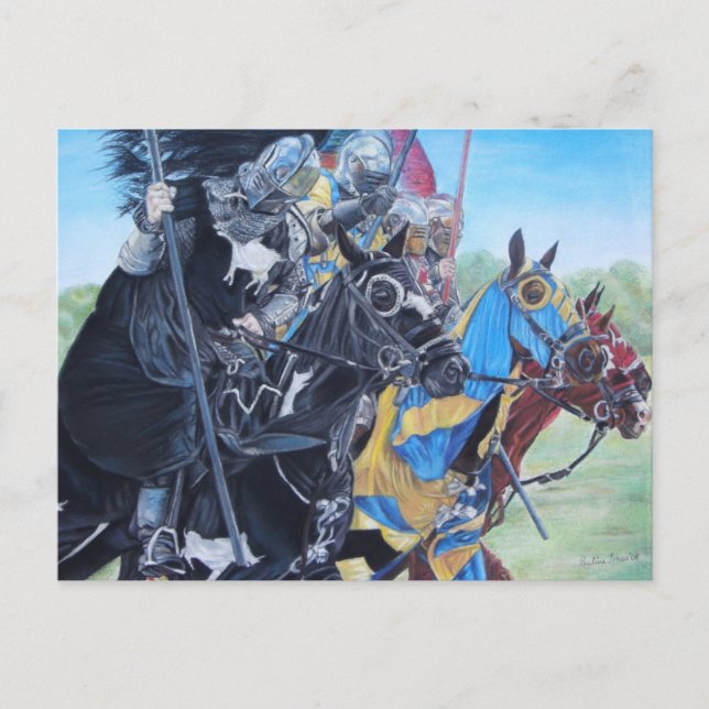 mediaeval knights jousting on horses historic art postcard (Front)