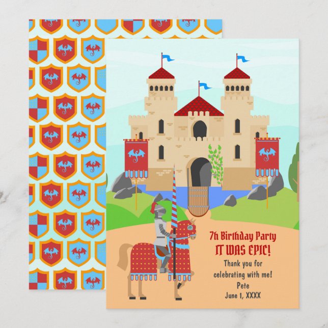 Mediaeval Knights Tournament Birthday Party Thank You Card (Front/Back)