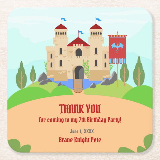 Mediaeval Knights Tournament Boy Birthday Party Square Paper Coaster (Front)