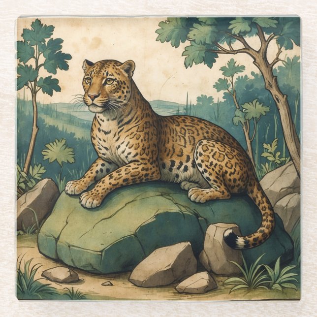 Mediaeval Leopard on Rock in Nature Glass Coaster (Front)