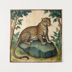 Mediaeval Leopard on Rock in the Forest Art Tapestry