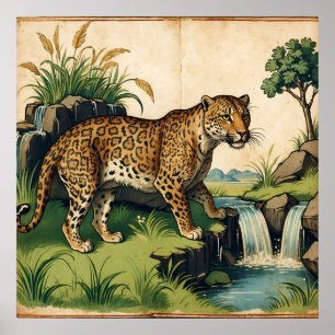 Mediaeval Leopard with Waterfall Nature Art Poster